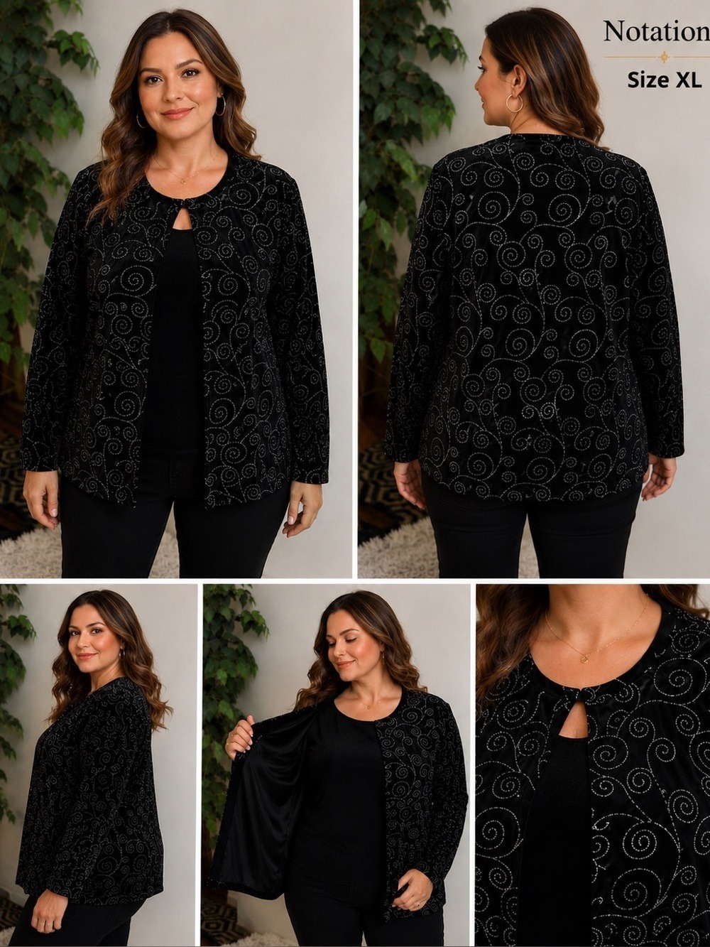 Notations Black Velvet Silver Metallic Swirl patterned Jacket Top Size XL